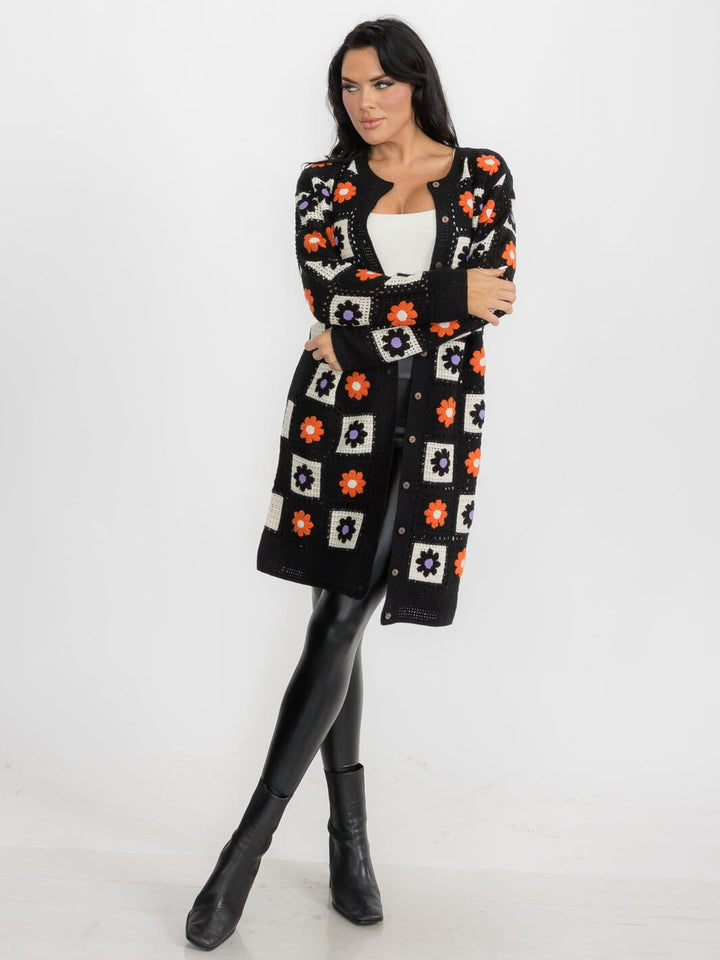 WOMEN'S LONG SLEEVES BUTTON CLOSURE KNIT FLORAL CARDIGAN