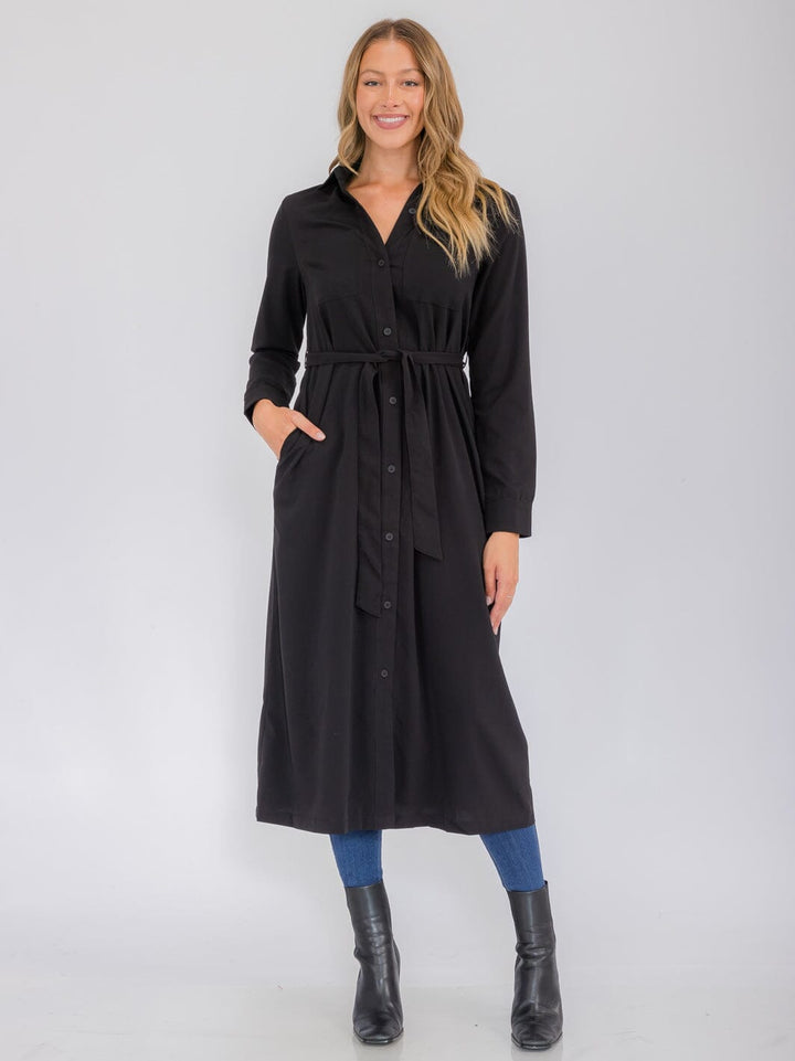 WOMEN'S LONG SLEEVE BUTTON UP SELF TIE FRONT POCKETS MAXI DRESS