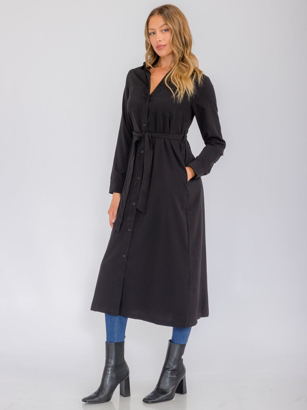 WOMEN'S LONG SLEEVE BUTTON UP SELF TIE FRONT POCKETS MAXI DRESS