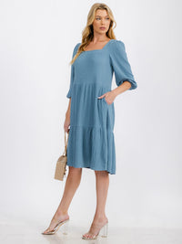 WOMEN'S 3/4 SLEEVE SQUARE NECK TIERES POCKETS MIDI DRESS