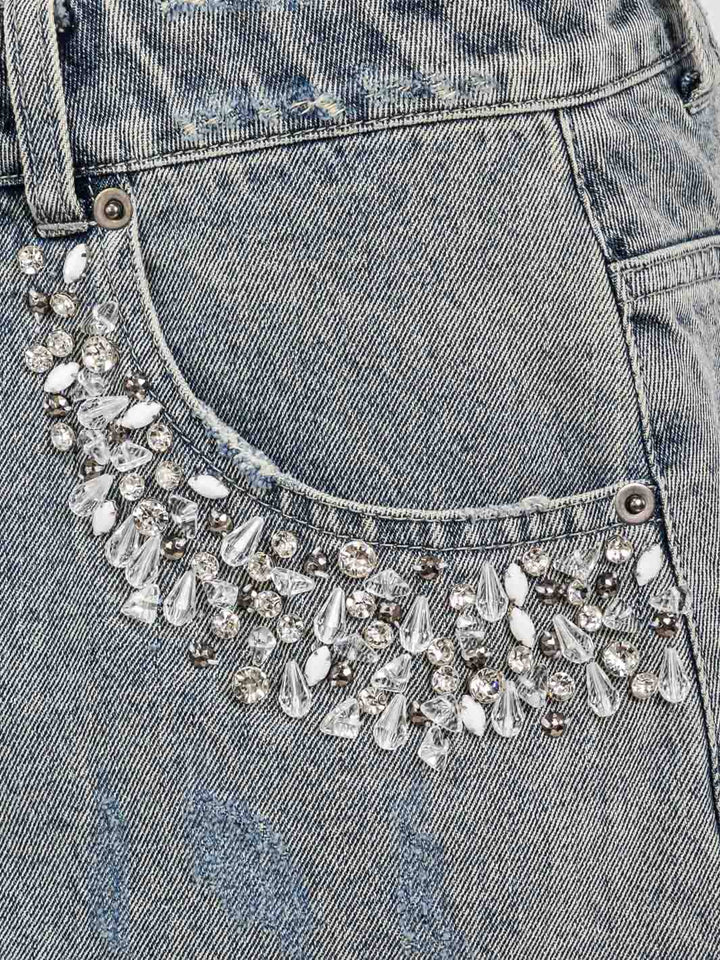 WOMEN'S BUTTON CLOSURE POCKETS STUDS DETAILED DENIM MINI SKIRT
