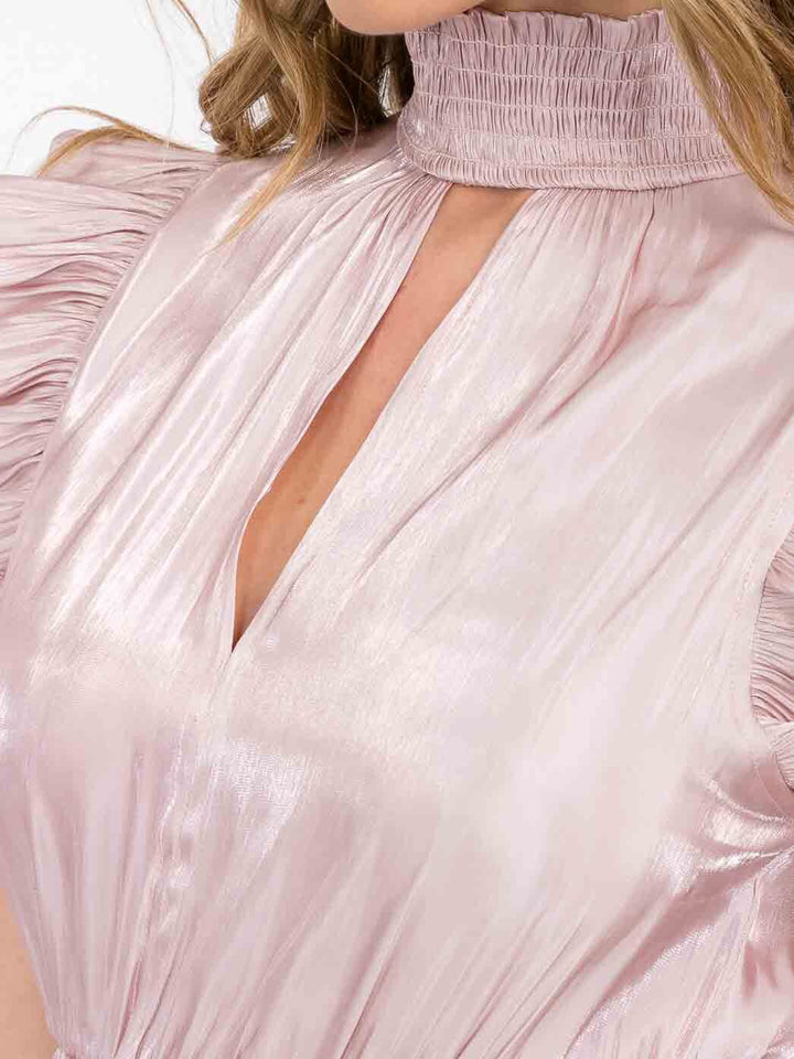 WOMEN'S RUFFLE SLEEVE CUT OUT SMOCK WAIST MINI DRESS