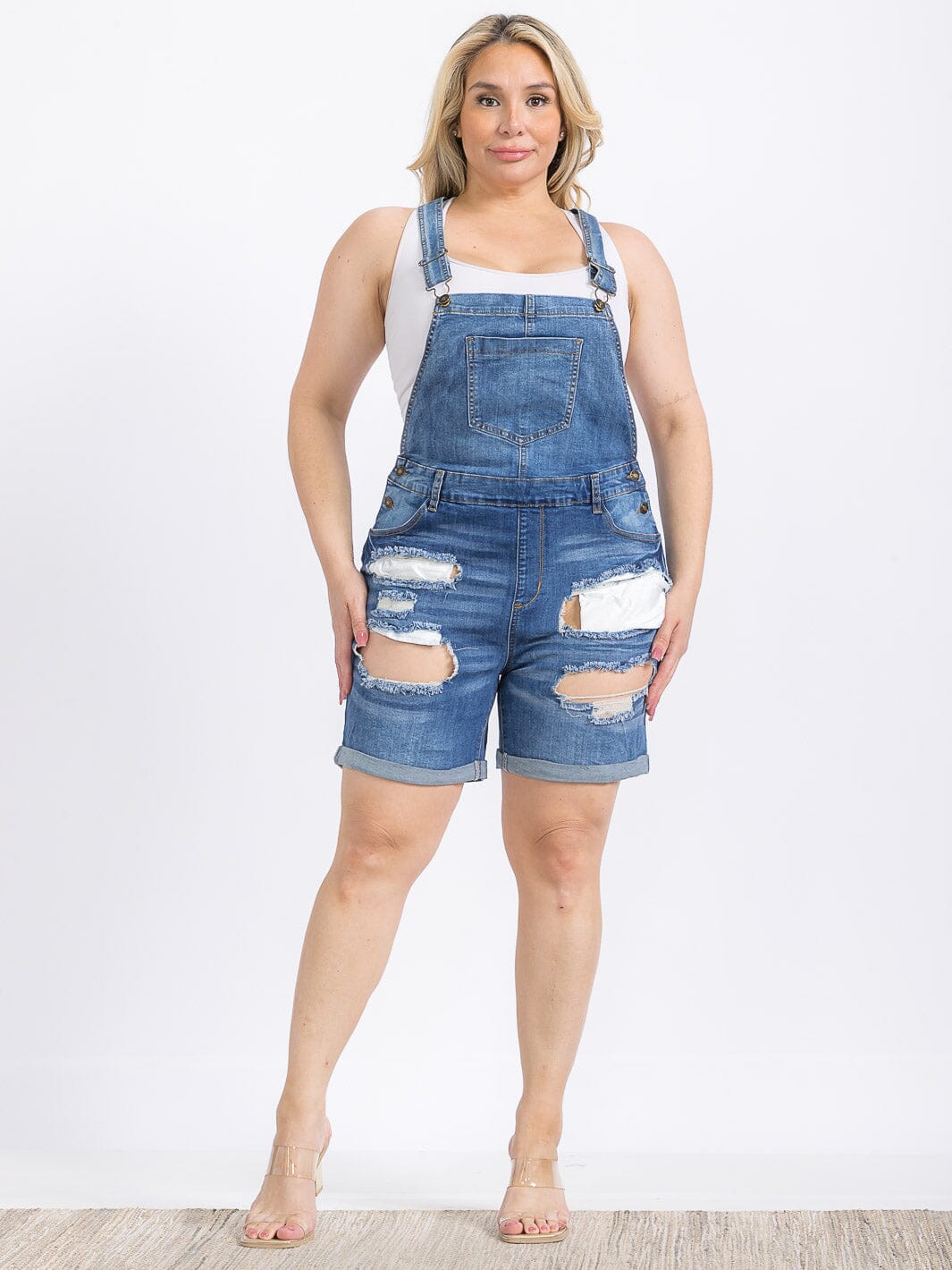 PLUS SIZE BUTTON CLOSURE POCKETS DISTRESS DENIM OVERALL