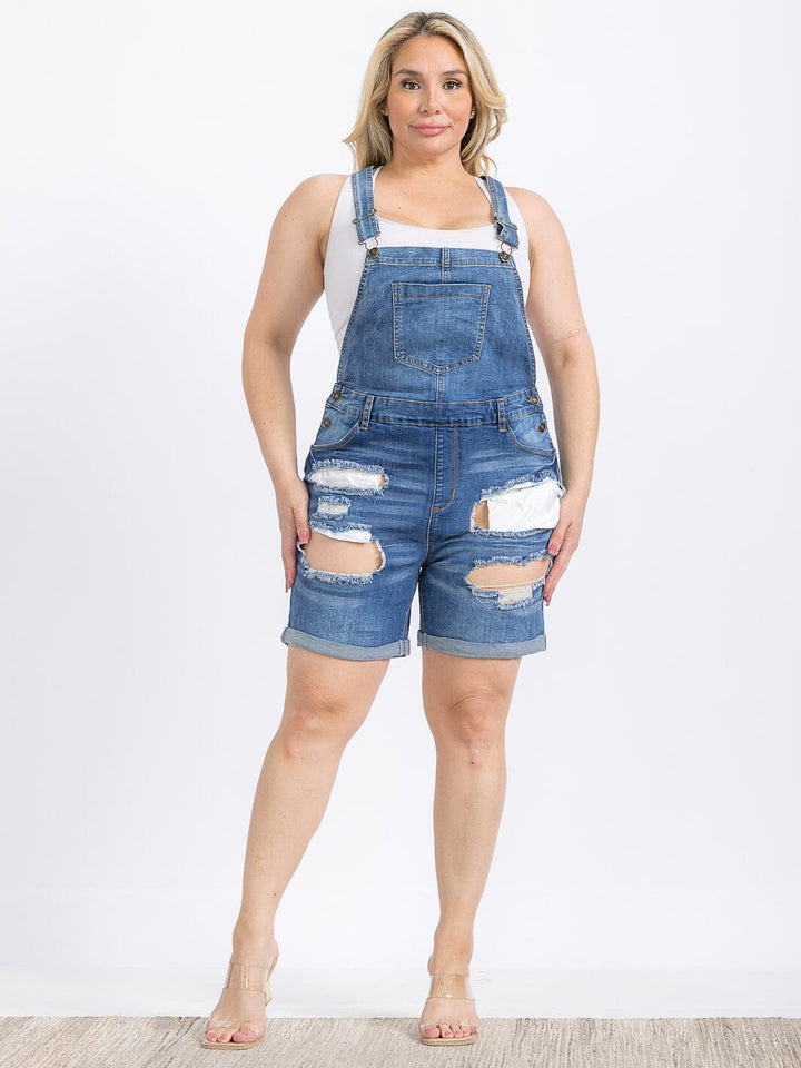 PLUS SIZE BUTTON CLOSURE POCKETS DISTRESS DENIM OVERALL