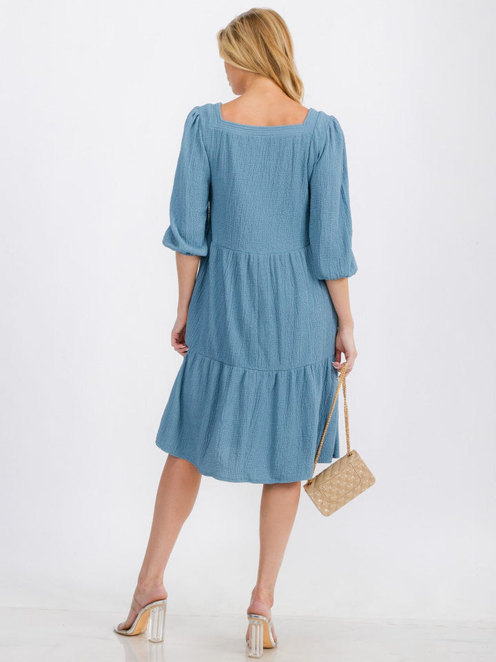 WOMEN'S 3/4 SLEEVE SQUARE NECK TIERES POCKETS MIDI DRESS