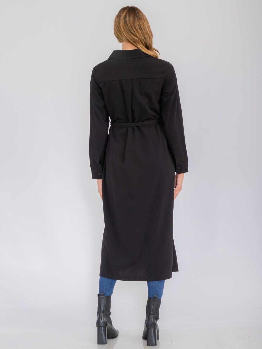 WOMEN'S LONG SLEEVE BUTTON UP SELF TIE FRONT POCKETS MAXI DRESS