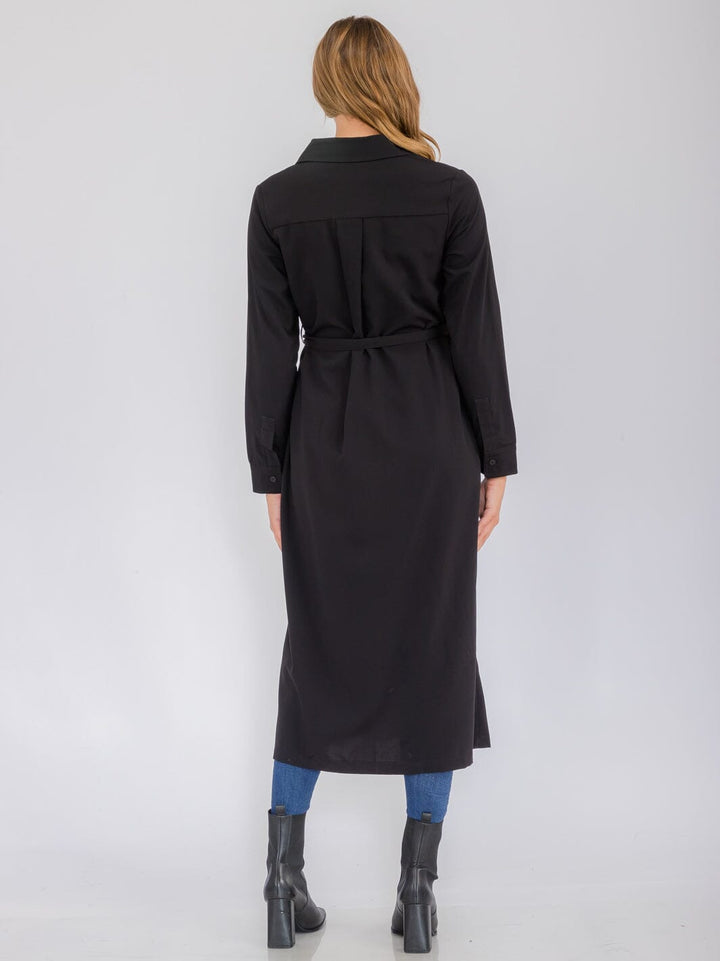 WOMEN'S LONG SLEEVE BUTTON UP SELF TIE FRONT POCKETS MAXI DRESS