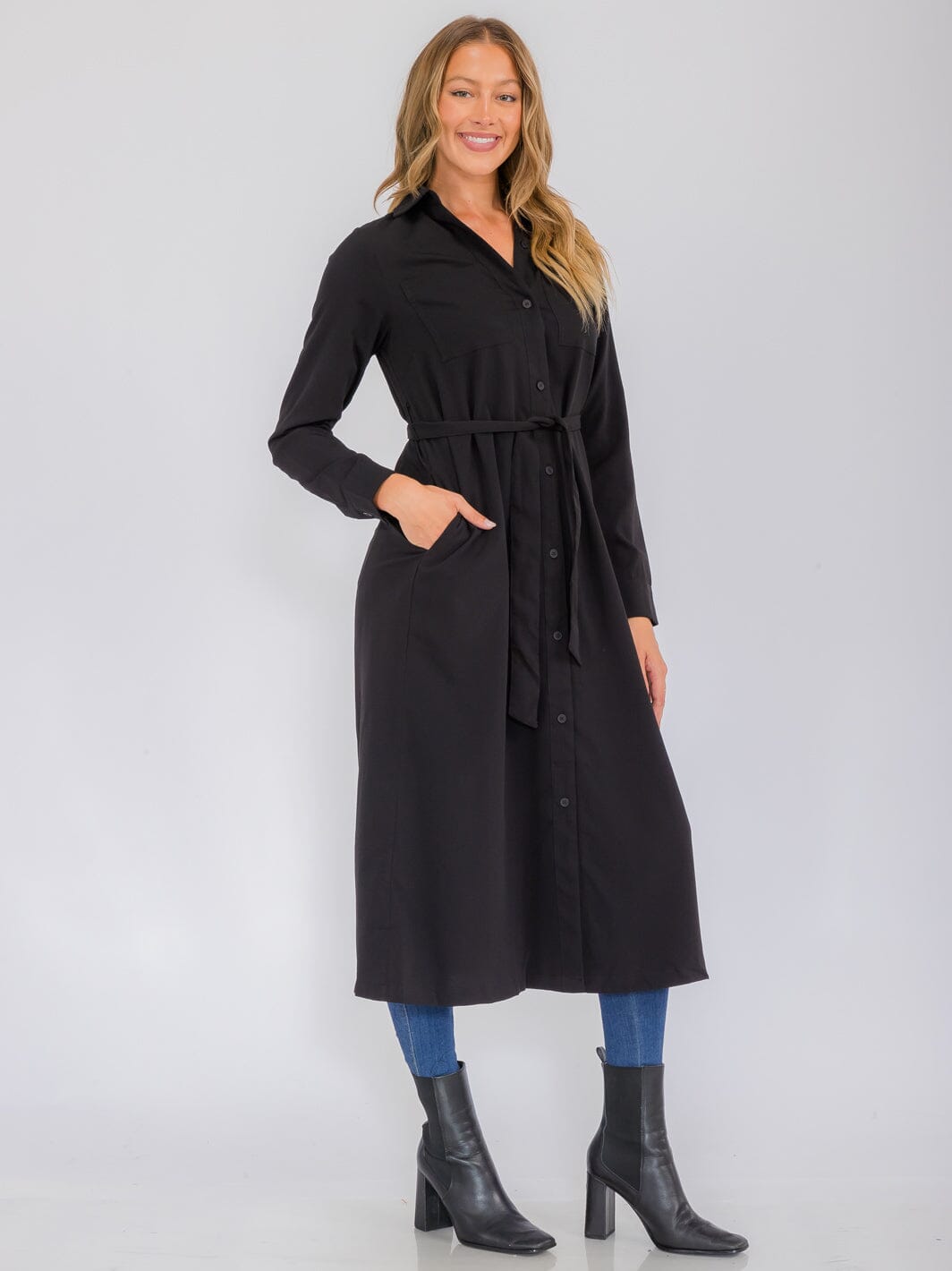 WOMEN'S LONG SLEEVE BUTTON UP SELF TIE FRONT POCKETS MAXI DRESS