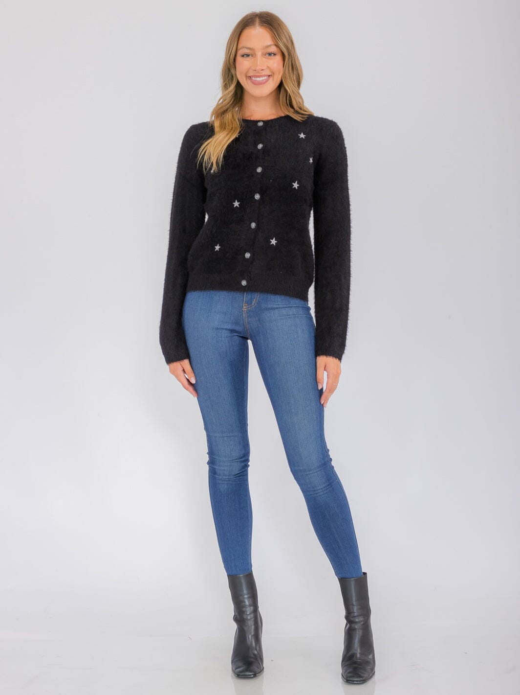 WOMEN'S LONG SLEEVE BUTTON UP STARS PRINT CARDIGAN SWEATER