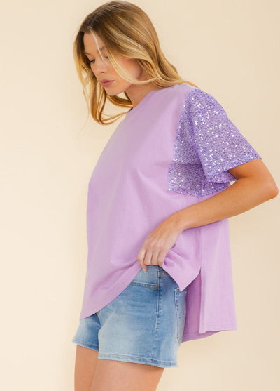 WOMEN'S SHORT SEQUINS SLEEVE HIGH-LOW TOP