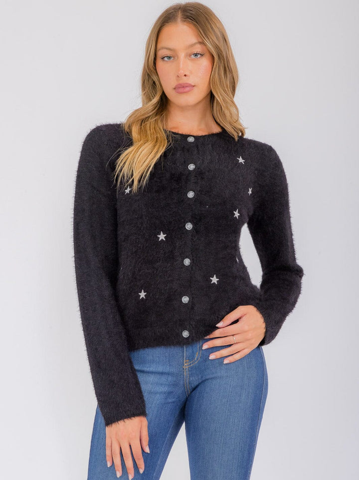 WOMEN'S LONG SLEEVE BUTTON UP STARS PRINT CARDIGAN SWEATER
