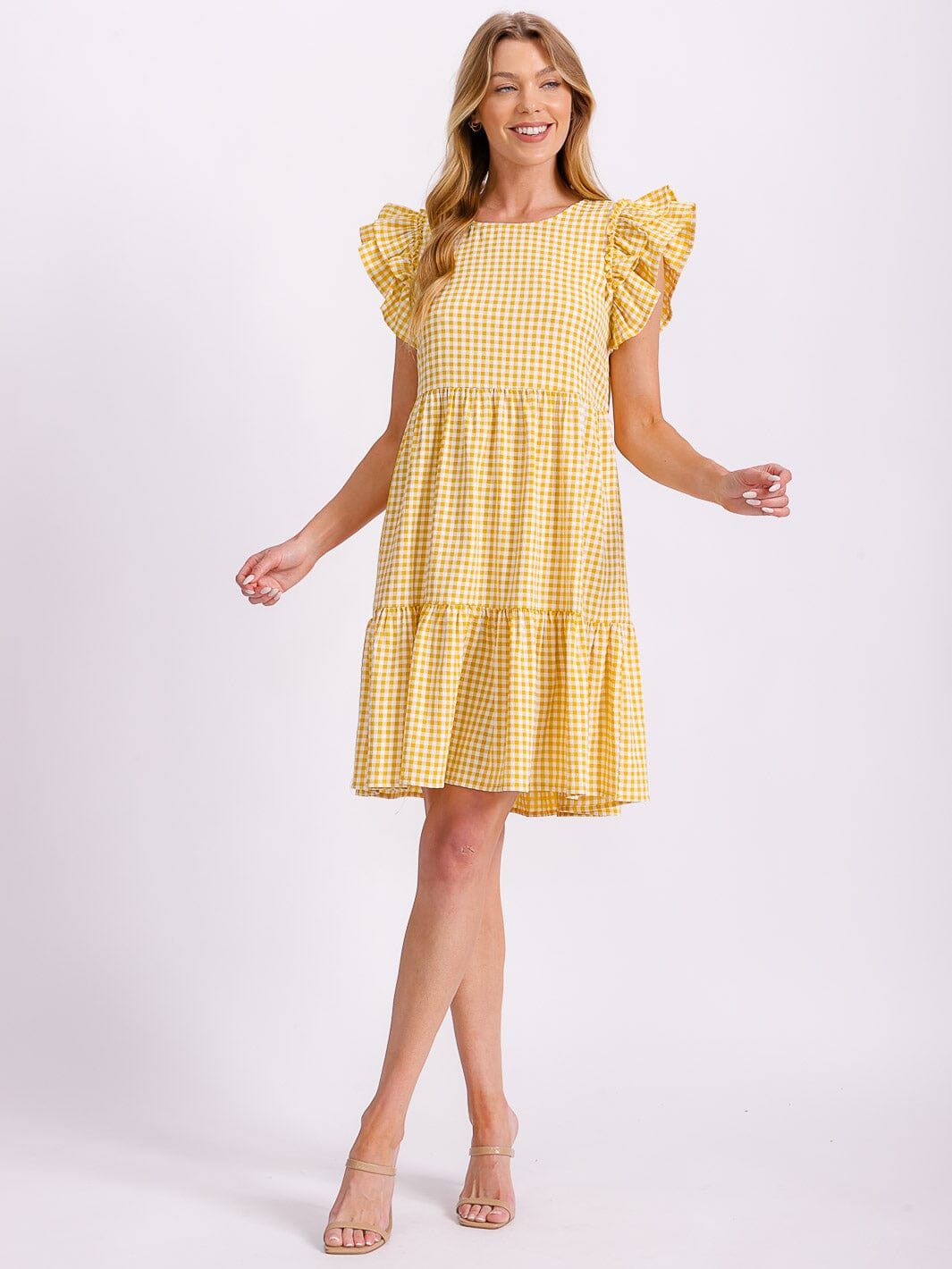 WOMEN'S RUFFLE SLEEVE TIERED TUNIC PLAID MINI DRESS