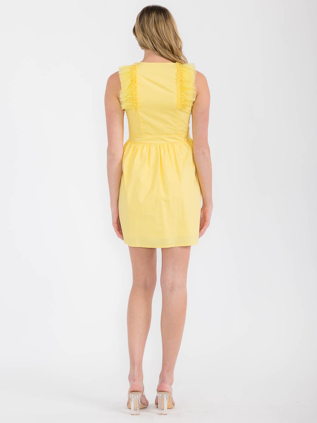 WOMEN'S SLEEVELESS RUFFLE V-NECK FIT & FLARE MINI DRESS