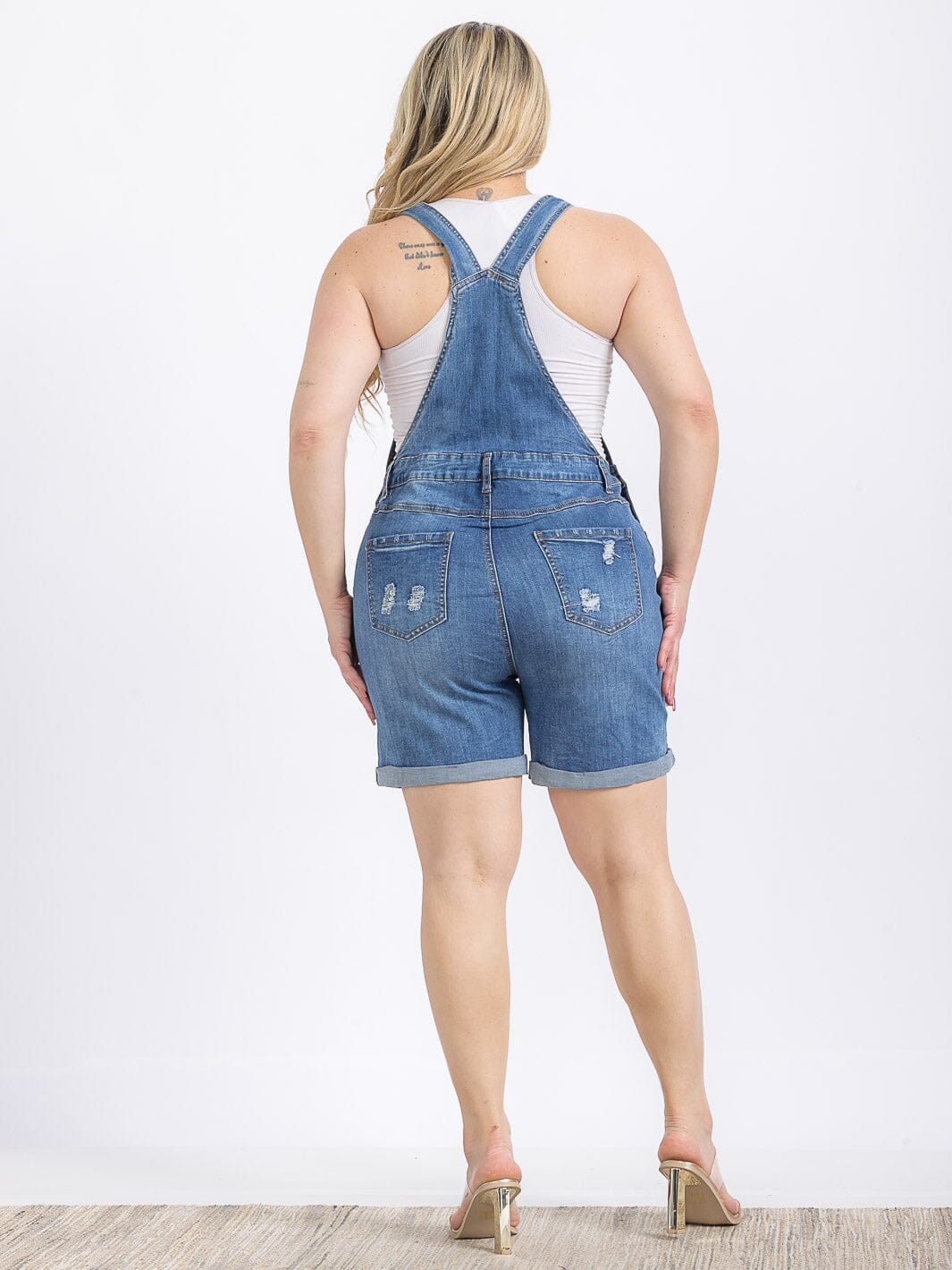 PLUS SIZE BUTTON CLOSURE POCKETS DISTRESS DENIM OVERALL
