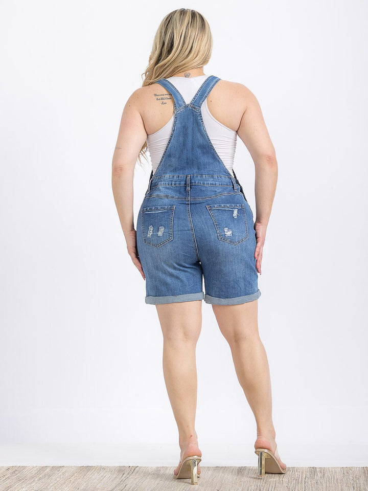 PLUS SIZE BUTTON CLOSURE POCKETS DISTRESS DENIM OVERALL