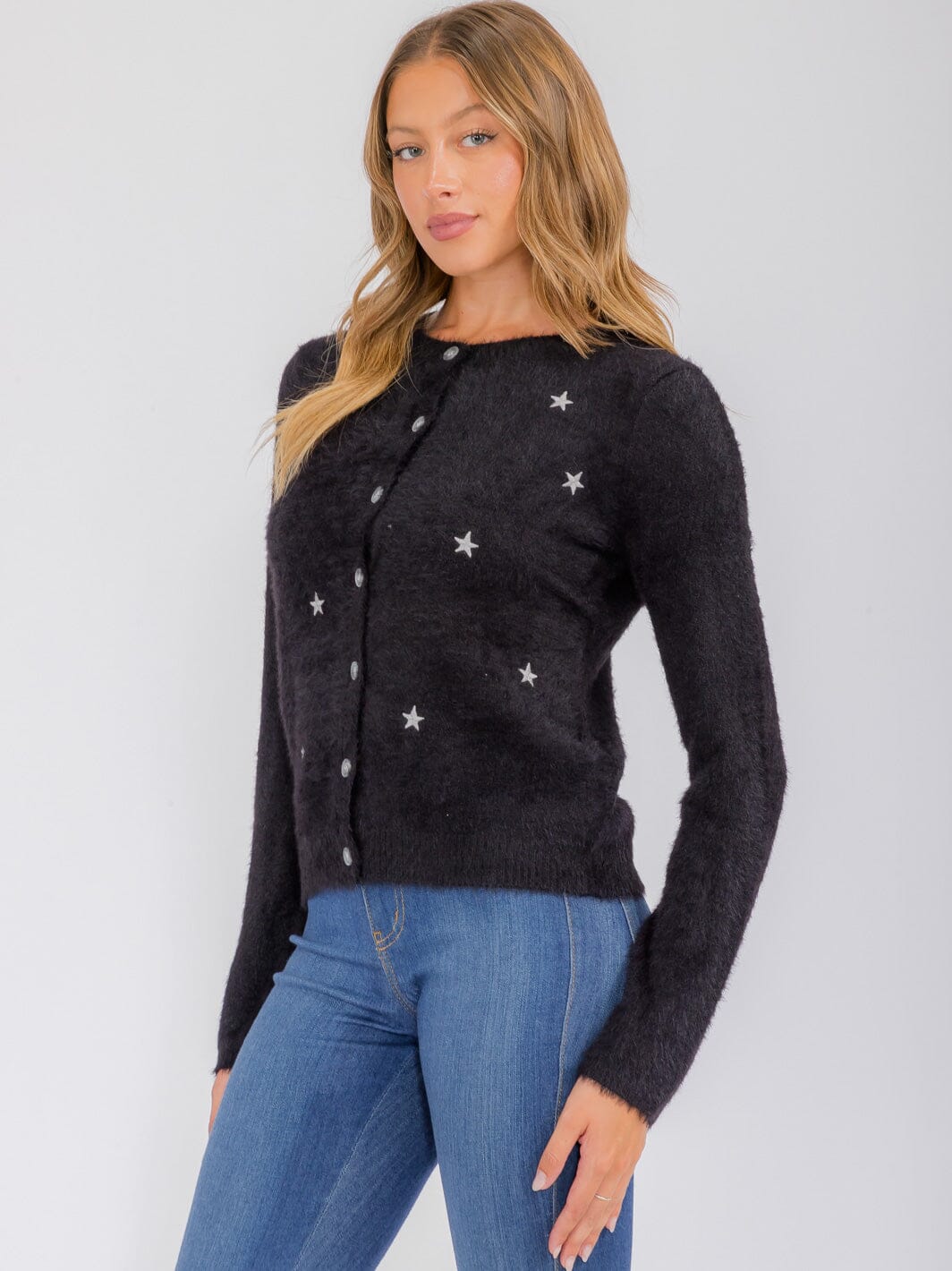 WOMEN'S LONG SLEEVE BUTTON UP STARS PRINT CARDIGAN SWEATER