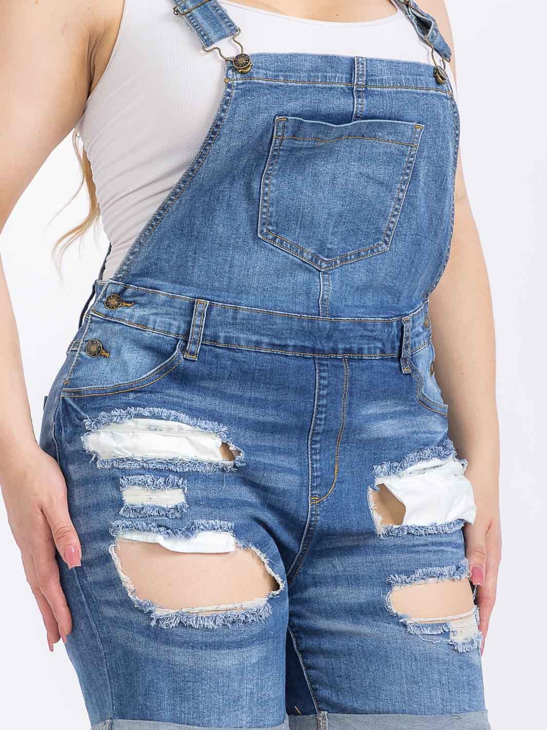 PLUS SIZE BUTTON CLOSURE POCKETS DISTRESS DENIM OVERALL