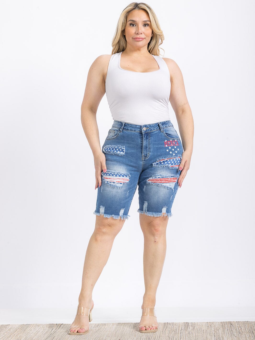 PLUS SIZE BUTTON CLOSURE POCKETS DISTRESS PATRIOTIC DENIM BIKER SHORTS