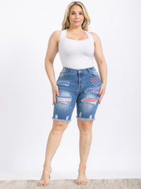 PLUS SIZE BUTTON CLOSURE POCKETS DISTRESS PATRIOTIC DENIM BIKER SHORTS