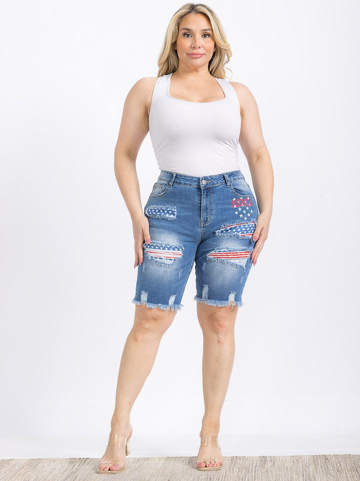 PLUS SIZE BUTTON CLOSURE POCKETS DISTRESS PATRIOTIC DENIM BIKER SHORTS