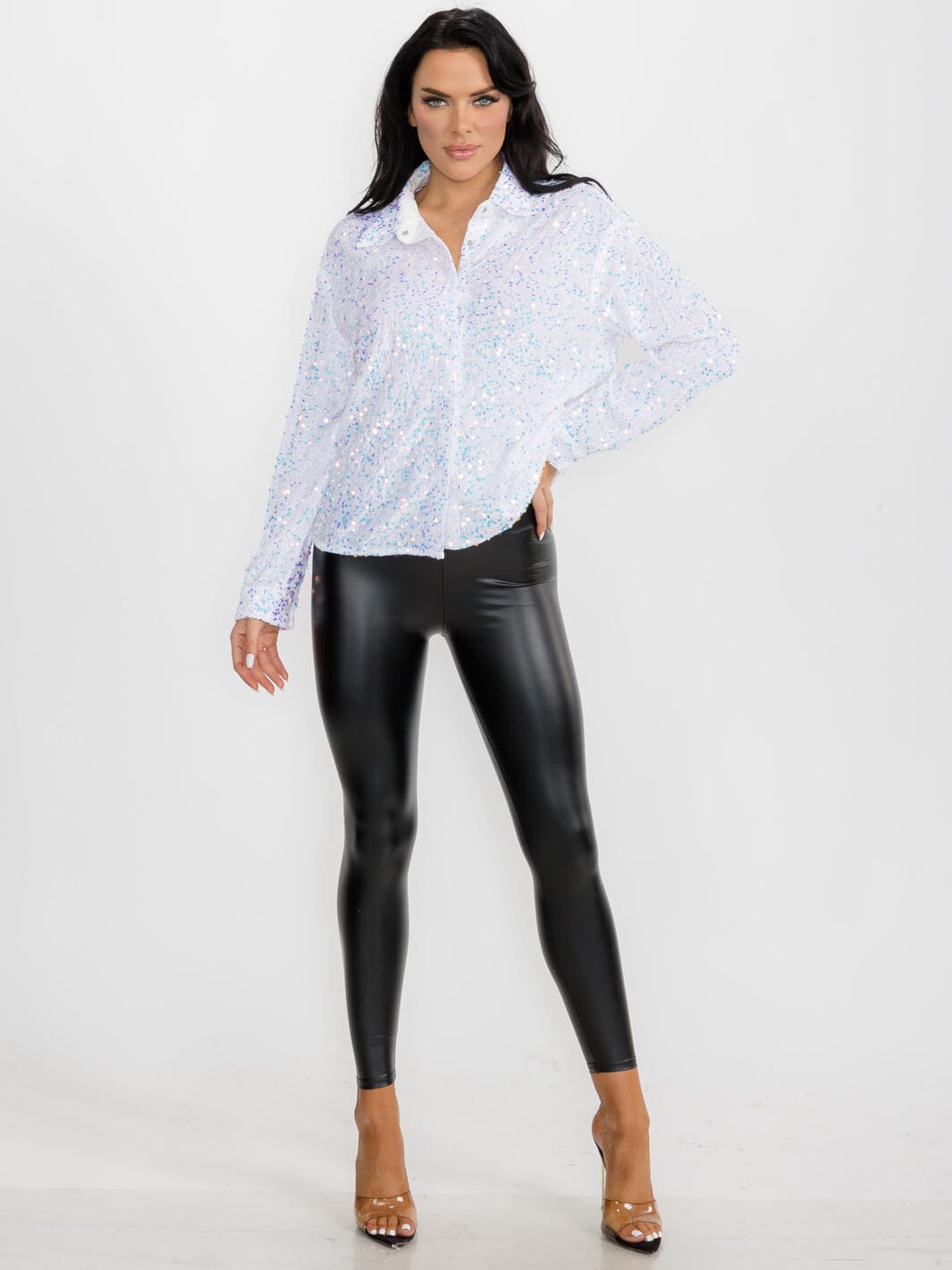 WOMEN'S LONG SLEEVE BUTTON UP SEQUINS TOP