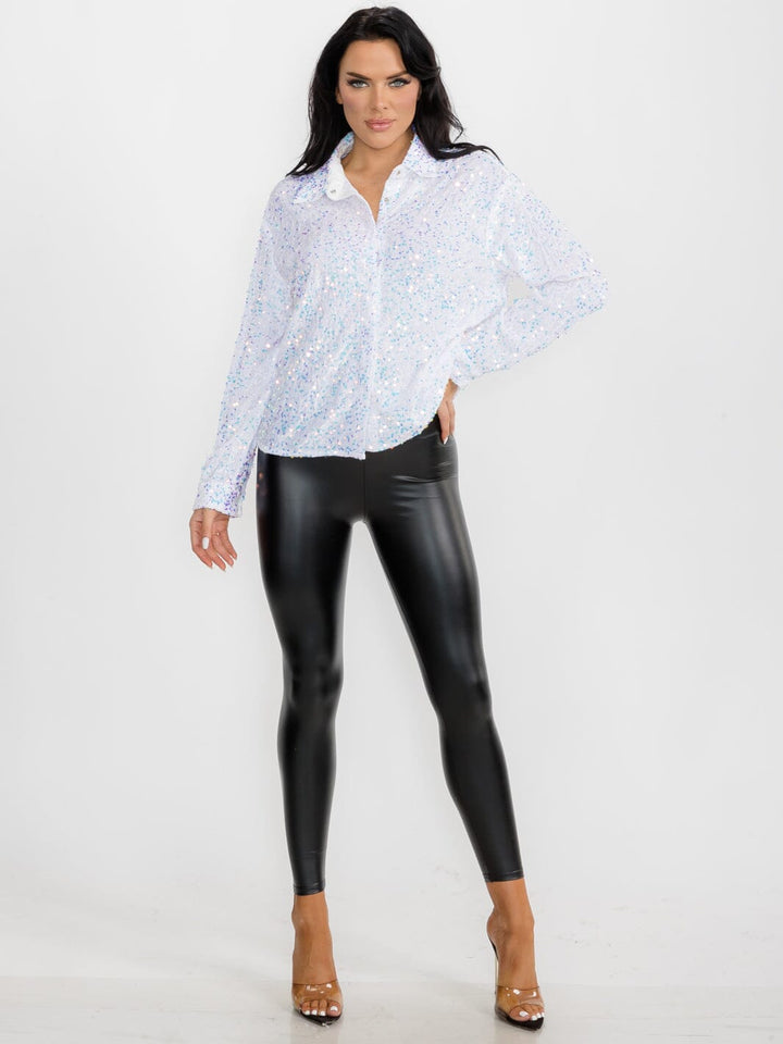 WOMEN'S LONG SLEEVE BUTTON UP SEQUINS TOP