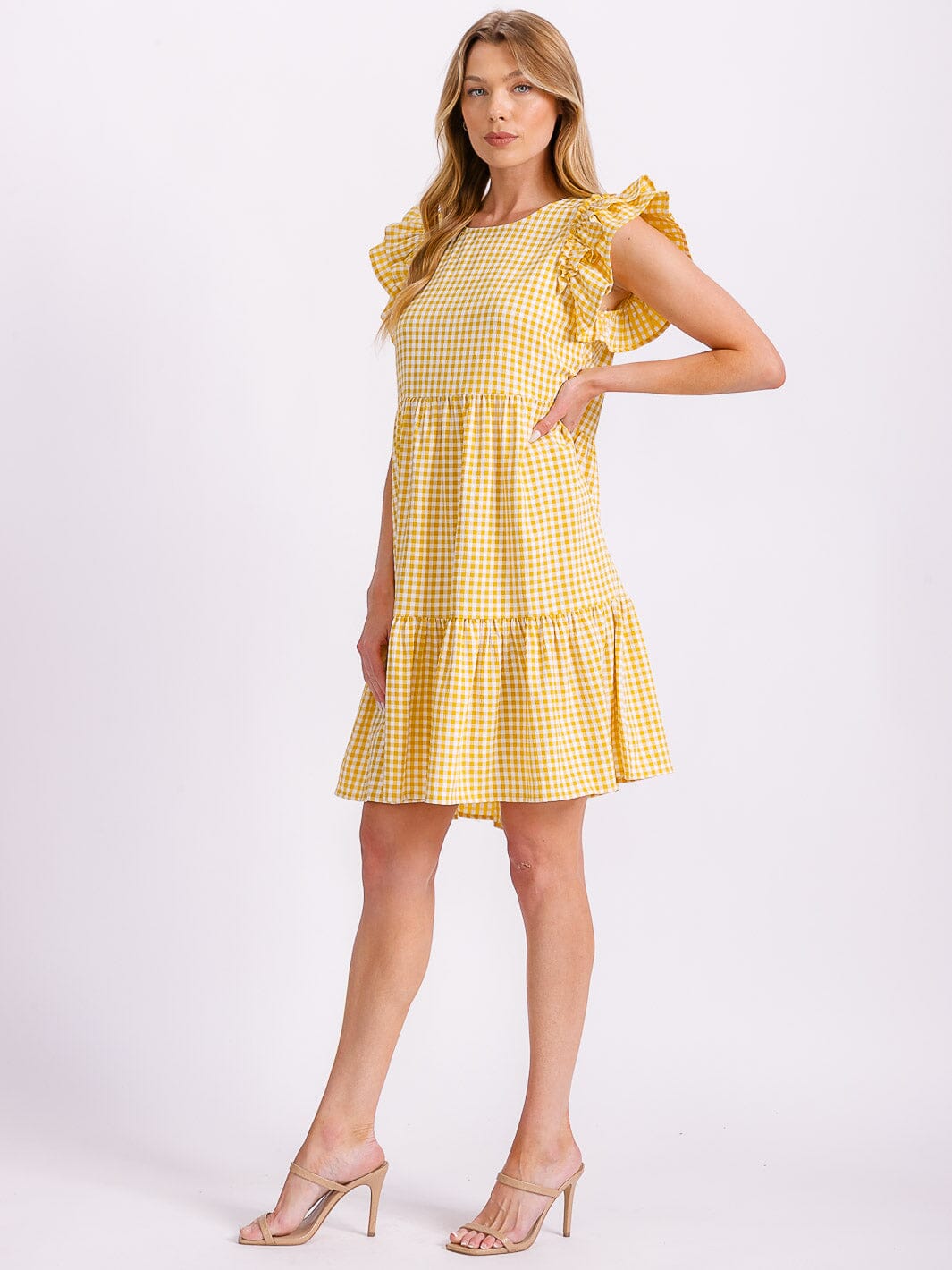 WOMEN'S RUFFLE SLEEVE TIERED TUNIC PLAID MINI DRESS