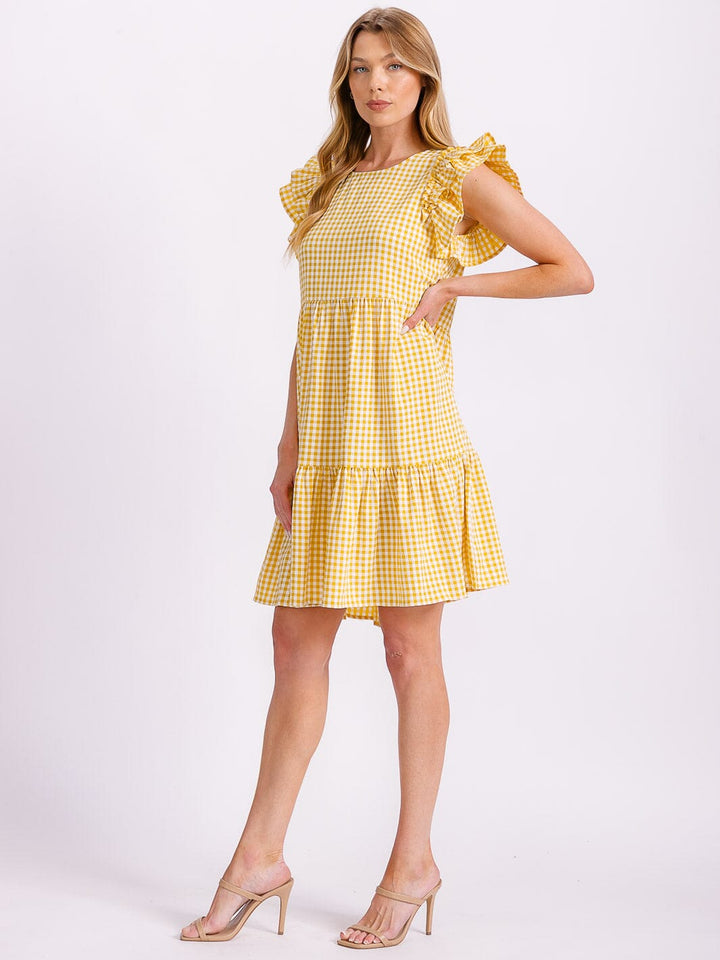 WOMEN'S RUFFLE SLEEVE TIERED TUNIC PLAID MINI DRESS