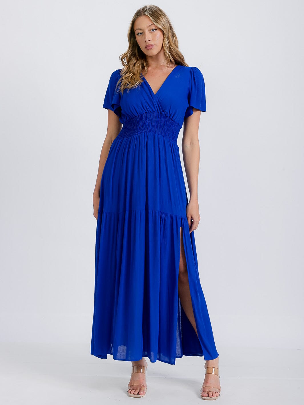WOMEN'S SHORT SLEEVE SURPLICE SMOCK WAIST TIERED MAXI DRESS
