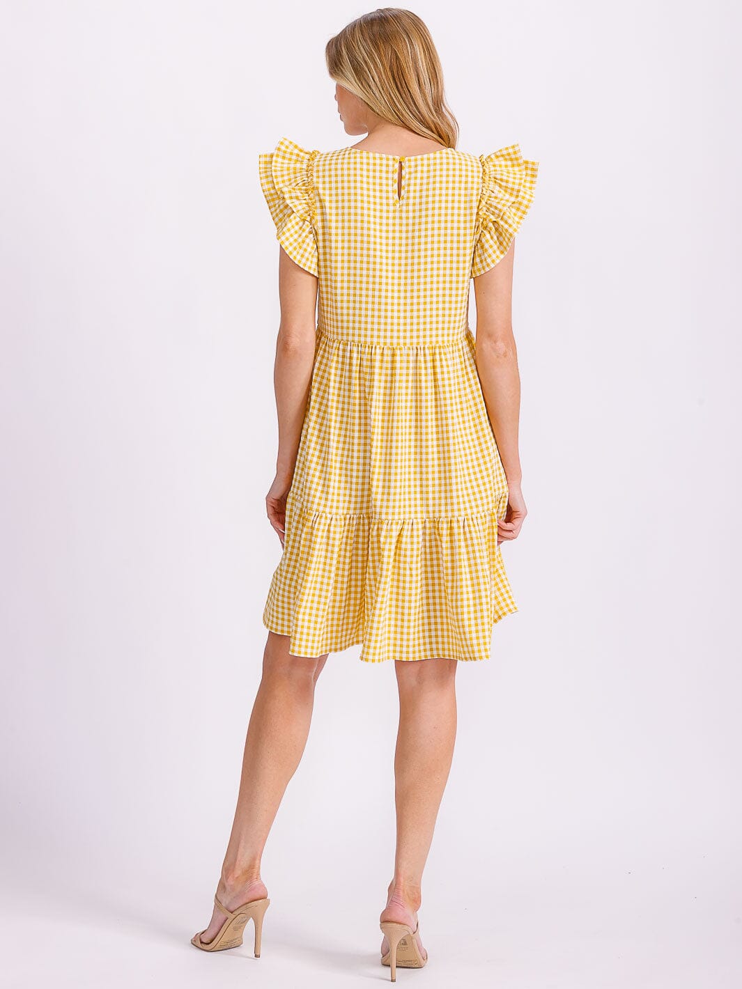 WOMEN'S RUFFLE SLEEVE TIERED TUNIC PLAID MINI DRESS