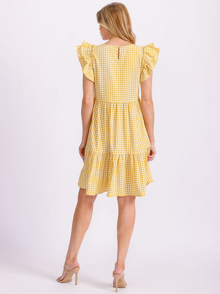 WOMEN'S RUFFLE SLEEVE TIERED TUNIC PLAID MINI DRESS