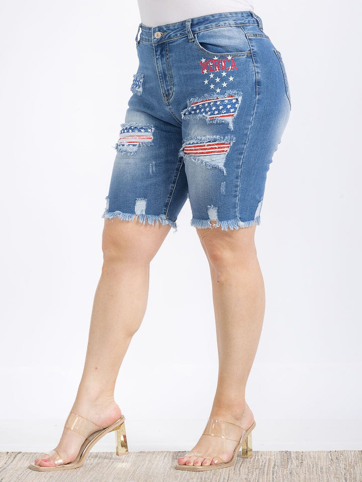 PLUS SIZE BUTTON CLOSURE POCKETS DISTRESS PATRIOTIC DENIM BIKER SHORTS