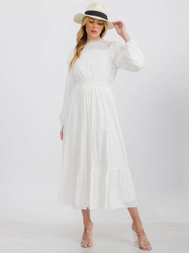 WOMEN'S LONG SLEEVE TRIM DETAILED SMOCK WAIST TIERED MAXI DRESS