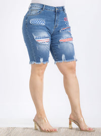 PLUS SIZE BUTTON CLOSURE POCKETS DISTRESS PATRIOTIC DENIM BIKER SHORTS