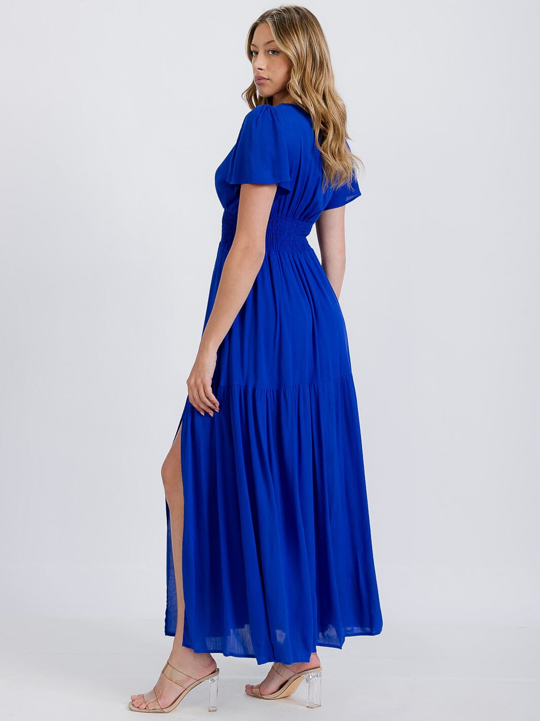 WOMEN'S SHORT SLEEVE SURPLICE SMOCK WAIST TIERED MAXI DRESS