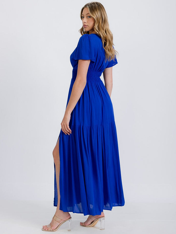WOMEN'S SHORT SLEEVE SURPLICE SMOCK WAIST TIERED MAXI DRESS