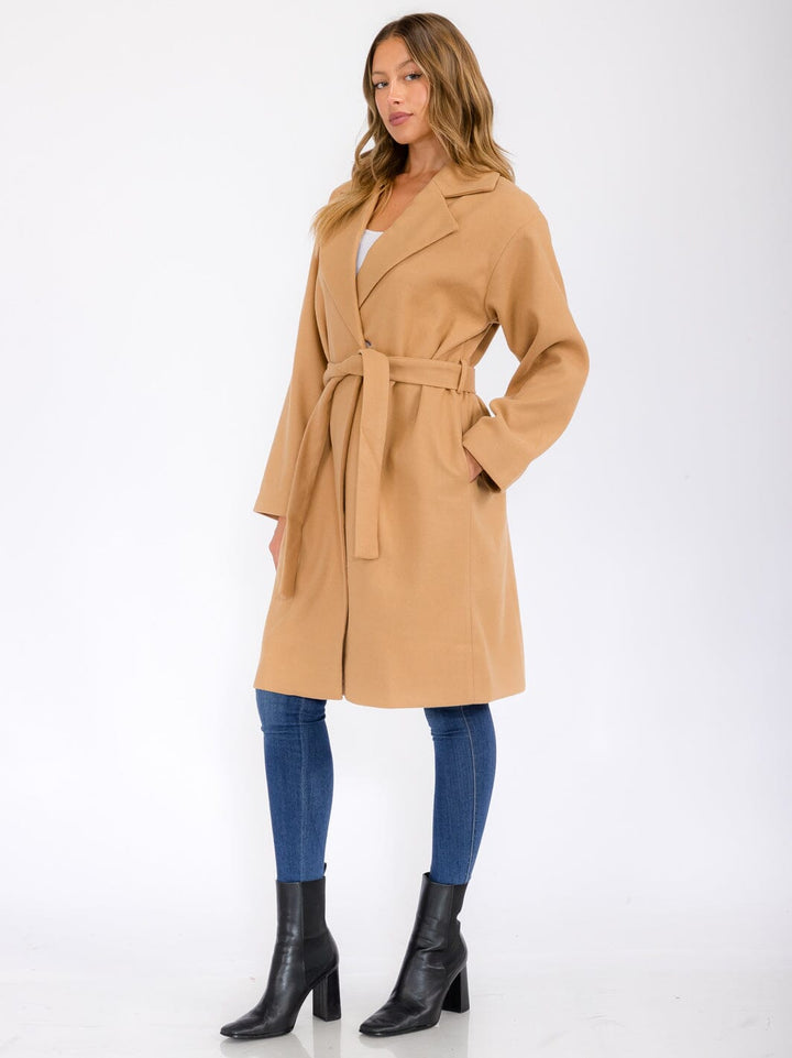 WOMEN'S LONG SLEEVE BUTTON CLOSURE POCKETS SELF TIE COAT