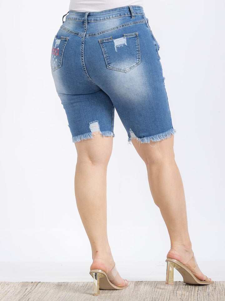 PLUS SIZE BUTTON CLOSURE POCKETS DISTRESS PATRIOTIC DENIM BIKER SHORTS