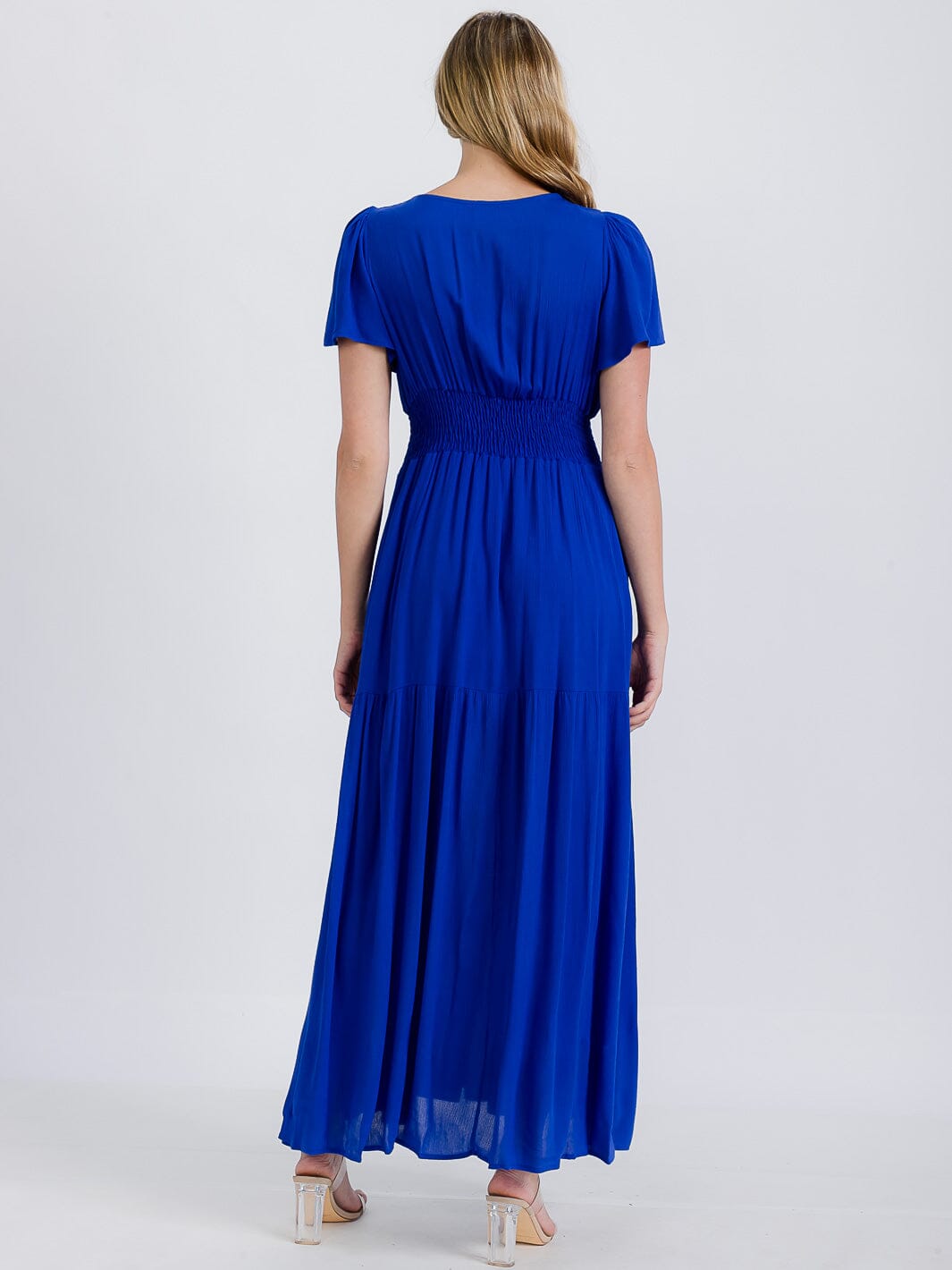 WOMEN'S SHORT SLEEVE SURPLICE SMOCK WAIST TIERED MAXI DRESS