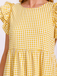 WOMEN'S RUFFLE SLEEVE TIERED TUNIC PLAID MINI DRESS