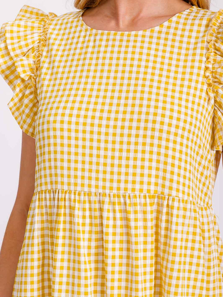 WOMEN'S RUFFLE SLEEVE TIERED TUNIC PLAID MINI DRESS