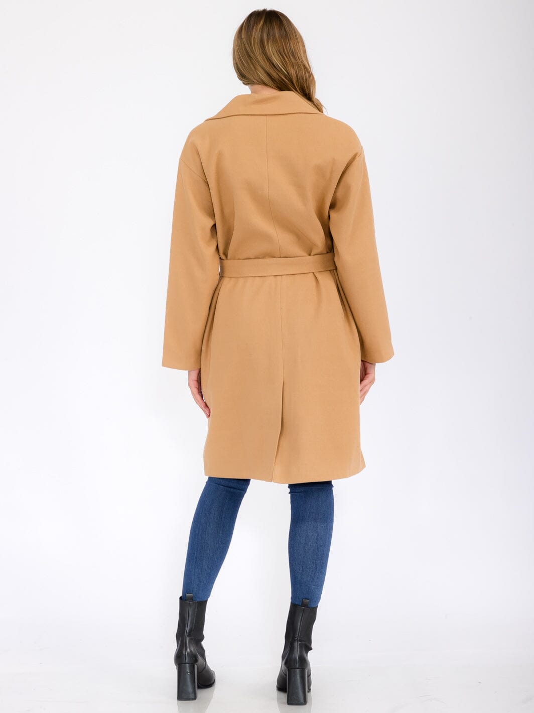 WOMEN'S LONG SLEEVE BUTTON CLOSURE POCKETS SELF TIE COAT