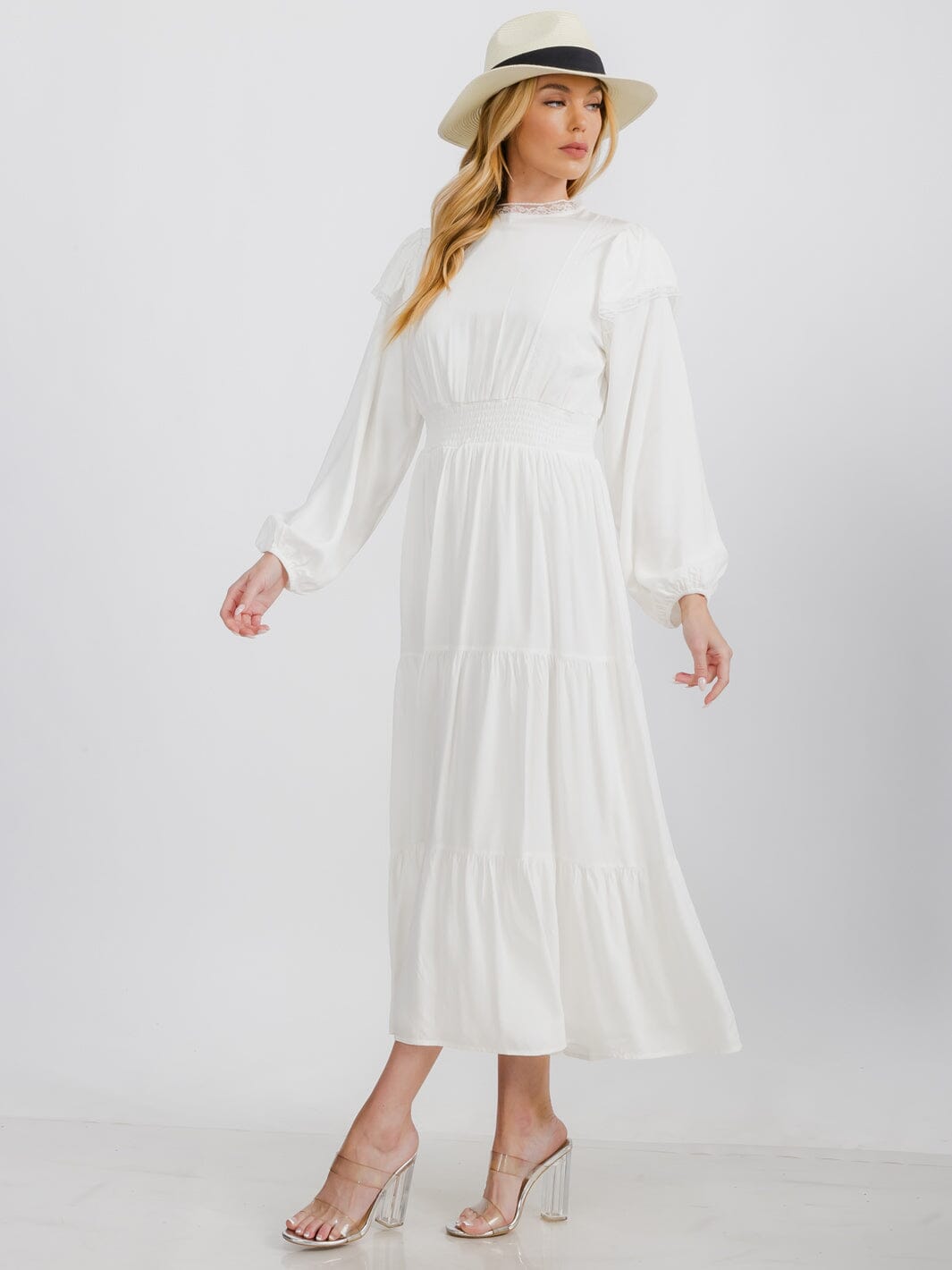 WOMEN'S LONG SLEEVE TRIM DETAILED SMOCK WAIST TIERED MAXI DRESS