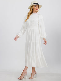 WOMEN'S LONG SLEEVE TRIM DETAILED SMOCK WAIST TIERED MAXI DRESS