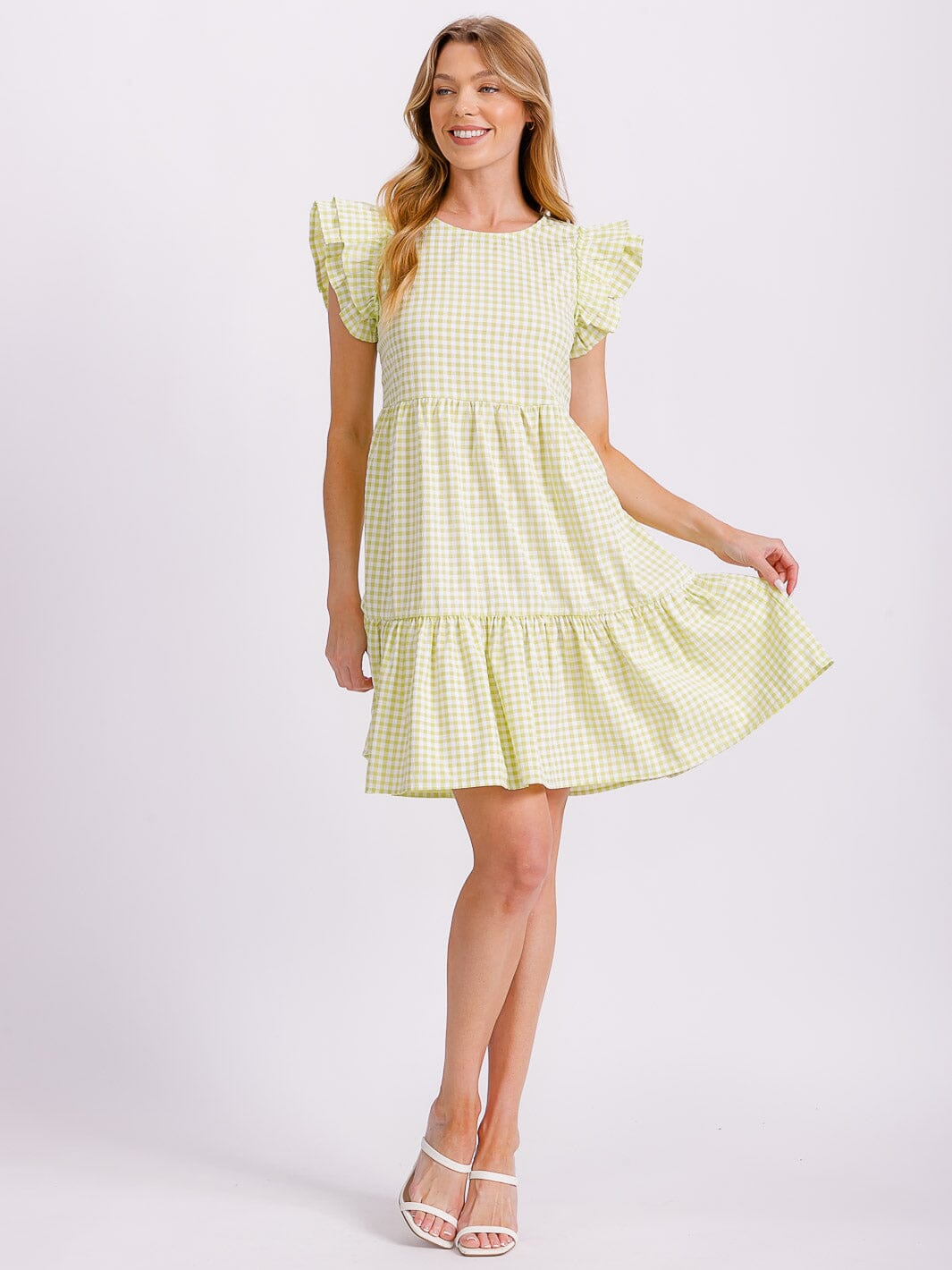 WOMEN'S RUFFLE SLEEVE TIERED TUNIC PLAID MINI DRESS