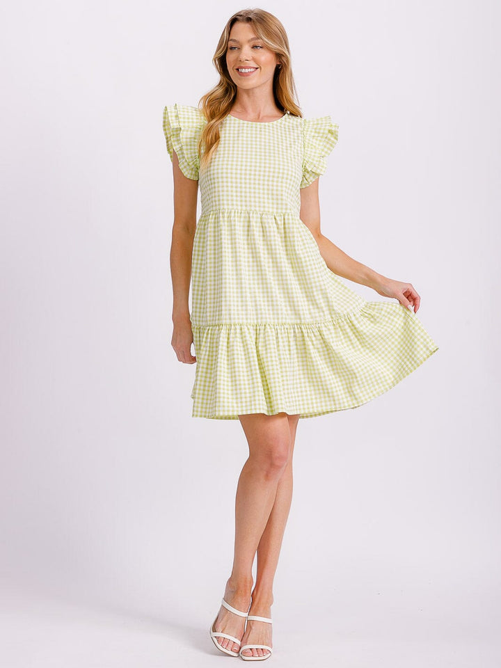 WOMEN'S RUFFLE SLEEVE TIERED TUNIC PLAID MINI DRESS