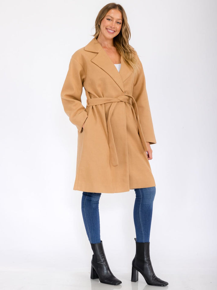 WOMEN'S LONG SLEEVE BUTTON CLOSURE POCKETS SELF TIE COAT