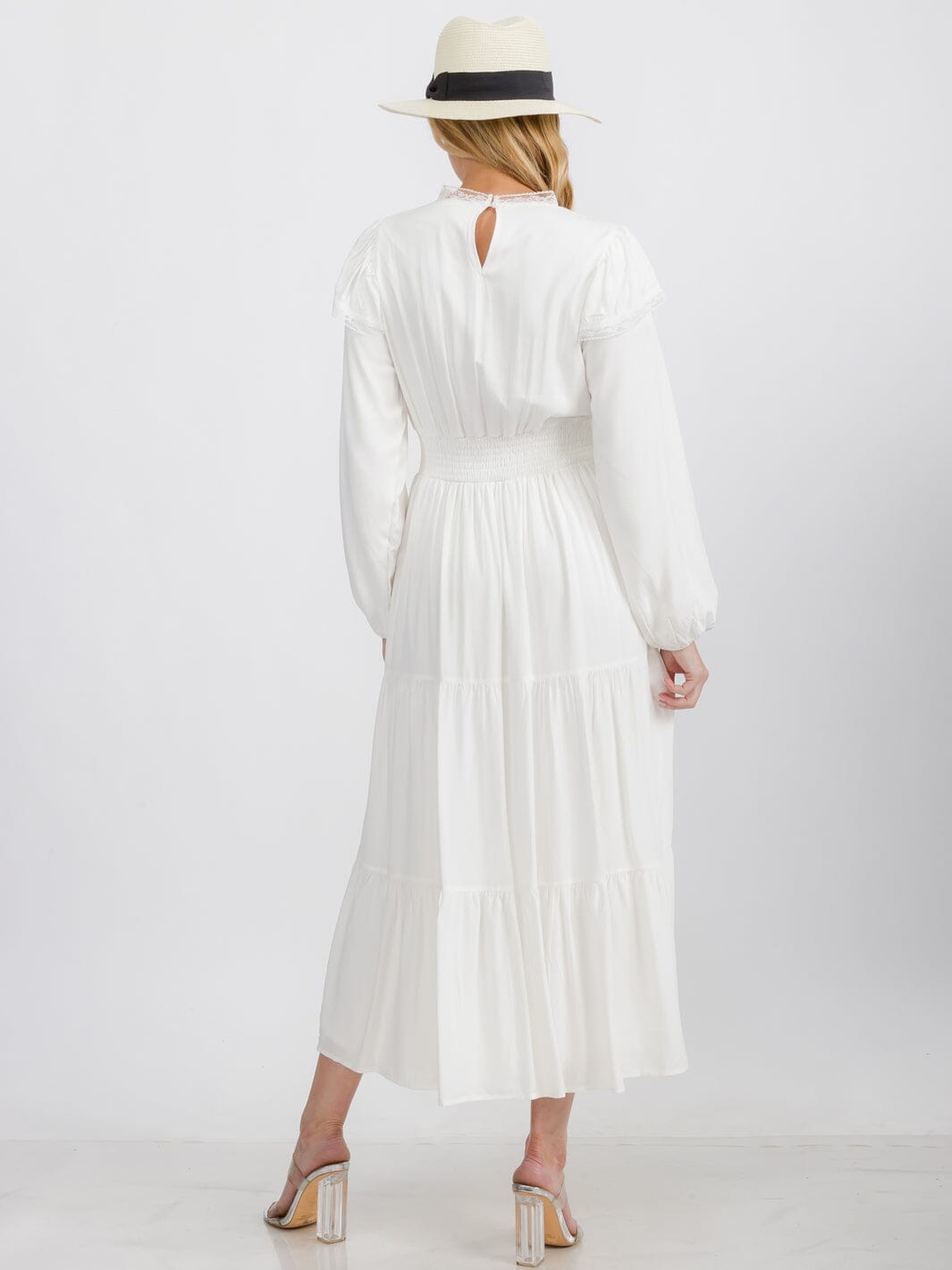 WOMEN'S LONG SLEEVE TRIM DETAILED SMOCK WAIST TIERED MAXI DRESS