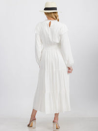 WOMEN'S LONG SLEEVE TRIM DETAILED SMOCK WAIST TIERED MAXI DRESS