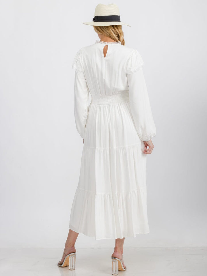 WOMEN'S LONG SLEEVE TRIM DETAILED SMOCK WAIST TIERED MAXI DRESS